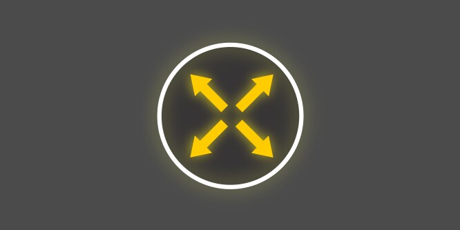 Gulvit ikon med fyra pilar som pekar utåt från mitten av en cirkel, på mörkgrå bakgrund, som visar 4-vägs stretch.
