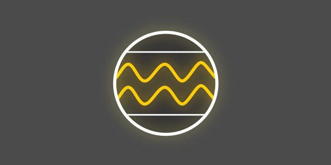 Gulvit ikon med gula sicksacklinjer i en cirkel, på mörkgrå bakgrund, som visar komfortband och silikonprickar.
